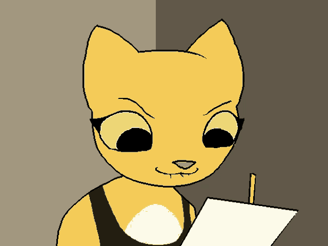 a cartoon cat holding a piece of paper with a straw sticking out of it
