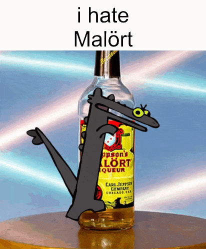 a bottle of epson 's lort liqueur with a cartoon drawing of a dragon
