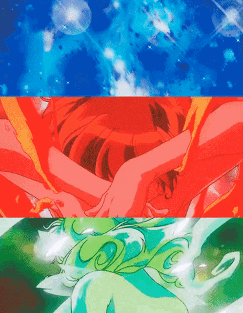 a collage of three different colored images of a person 's face and body