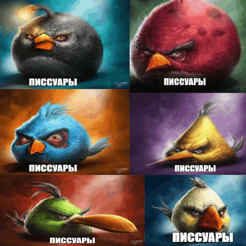 four angry birds are shown with russian writing on them