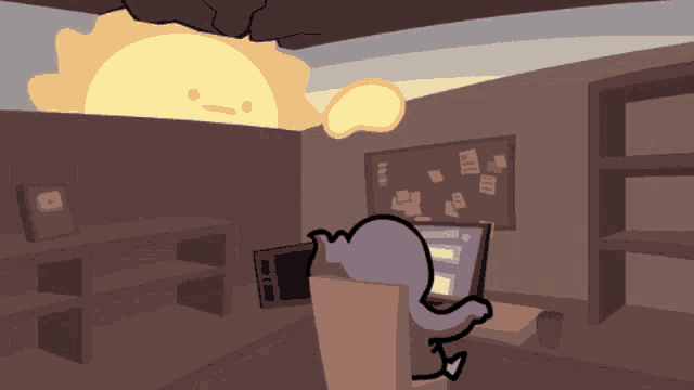 a cartoon drawing of a person sitting in front of a computer with the sun behind them