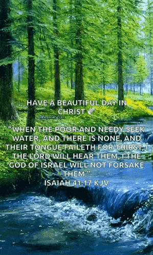 a painting of trees and a river with a bible verse