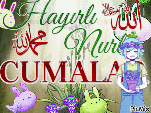 a picture of a girl holding a potted plant with the words hayirli nuri cumala
