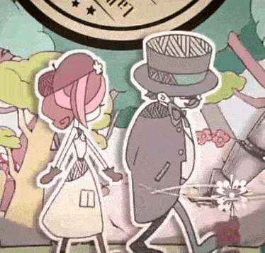 a man and a woman are walking in a cartoon . the man is wearing a top hat .