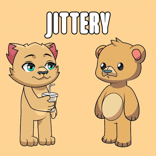 a cat and a teddy bear are standing next to each other and the word jittery is above them
