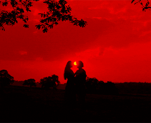 a man and woman standing in front of a red sunset