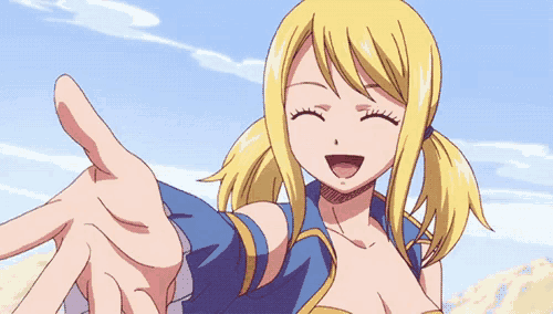 a blonde anime girl with pigtails is smiling and reaching out her hand