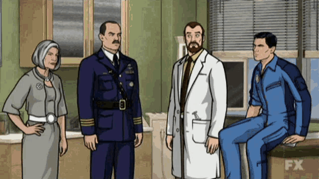 a group of cartoon characters are standing in a room and talking to each other .
