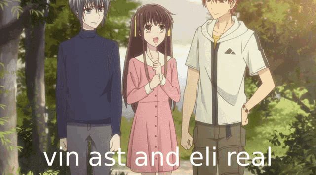 a group of anime characters standing next to each other with the words vin ast and eli real