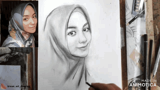 a drawing of a woman with a hijab is being made in animatica