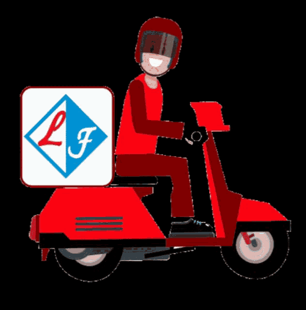 a delivery man is riding a red scooter with a lf logo on it
