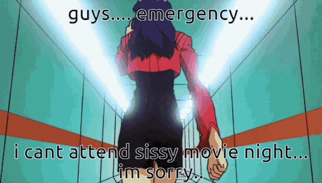 a cartoon of a woman walking down a hallway with the caption guys emergency