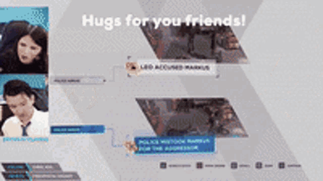 a man and a woman are sitting in front of a screen that says hugs for your friends