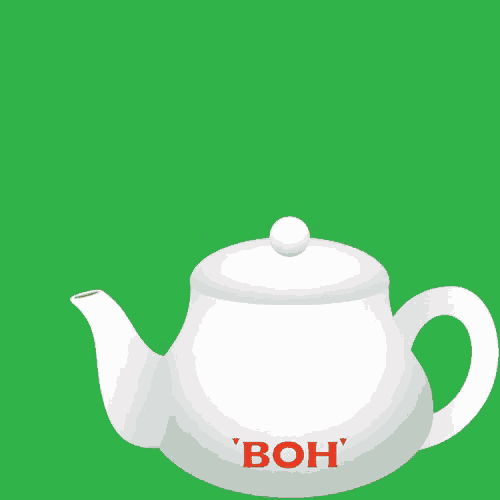 a white teapot with the word boh on the side