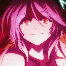 a girl with purple hair and red eyes looks at the camera