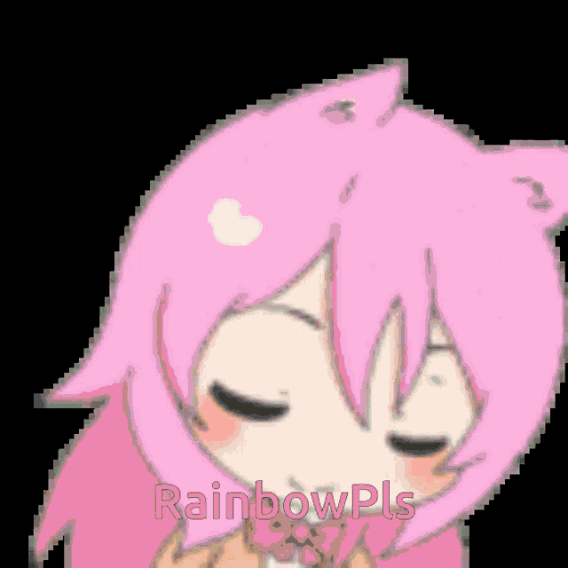 a pixel art drawing of a girl with pink hair and the words rainbowpls