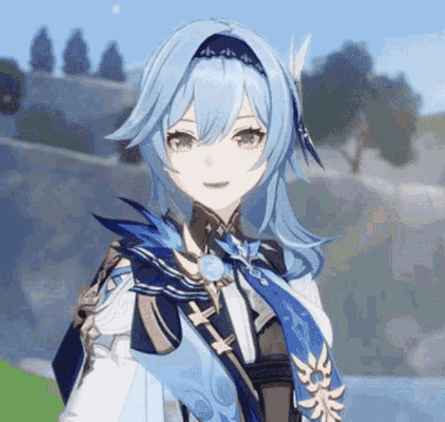 a girl with blue hair and a scarf around her neck is standing in front of a river .