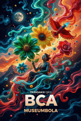 a colorful poster for bca museum bola with a woman holding a flower and a bird