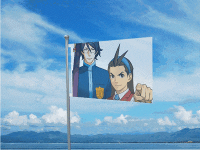 a flag with a picture of a man and a girl on it