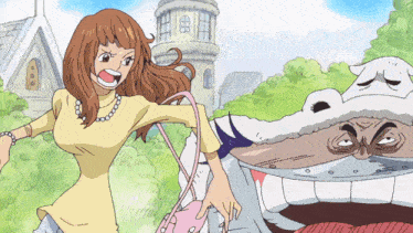 a cartoon of a woman holding a pink purse standing next to a monster