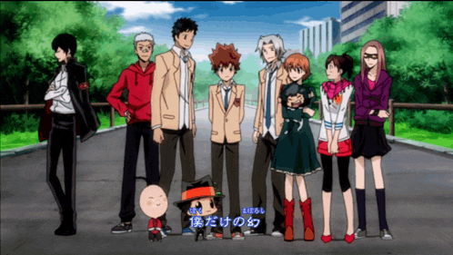 a group of anime characters standing next to each other with chinese writing on the bottom right corner
