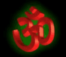 a glowing red om symbol on a green and black background