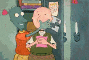 a cartoon character is covering another character 's mouth with his hand