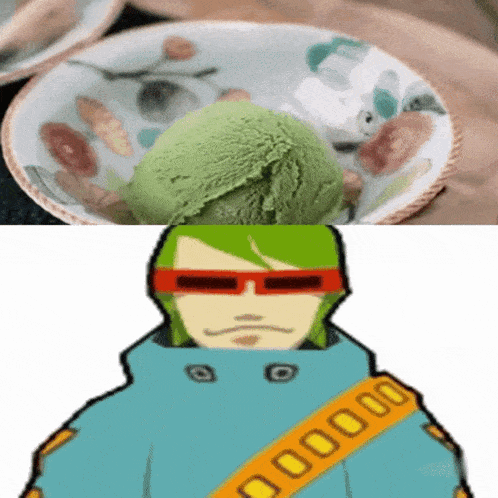 a bowl of green ice cream next to a cartoon character with sunglasses