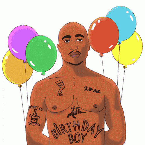 a drawing of a man with balloons and the words birthday boy written on his chest