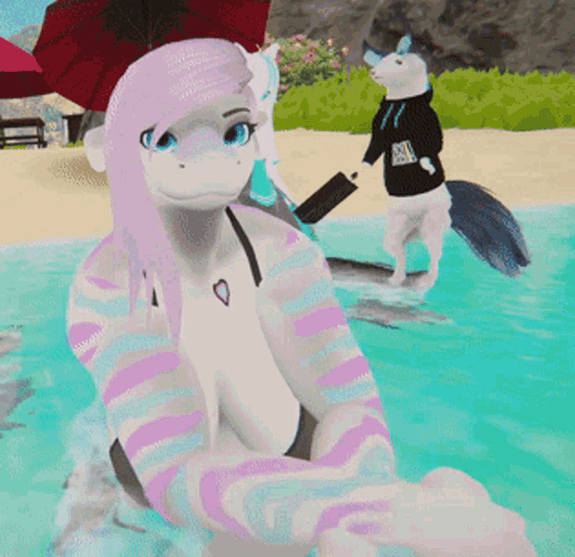 a computer generated image of a unicorn sitting on the beach