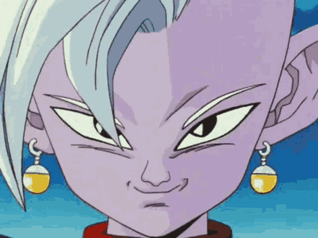 a close up of a cartoon character 's face with a purple hair and earrings .