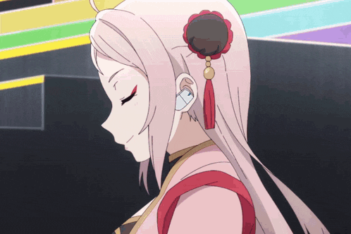 a girl with long white hair and a red circle in her hair