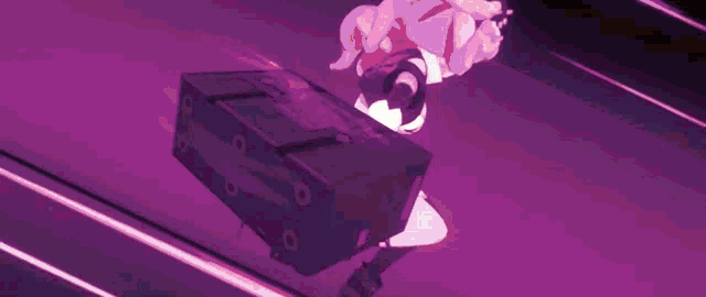 a purple background with a person holding a purple box in their hand .
