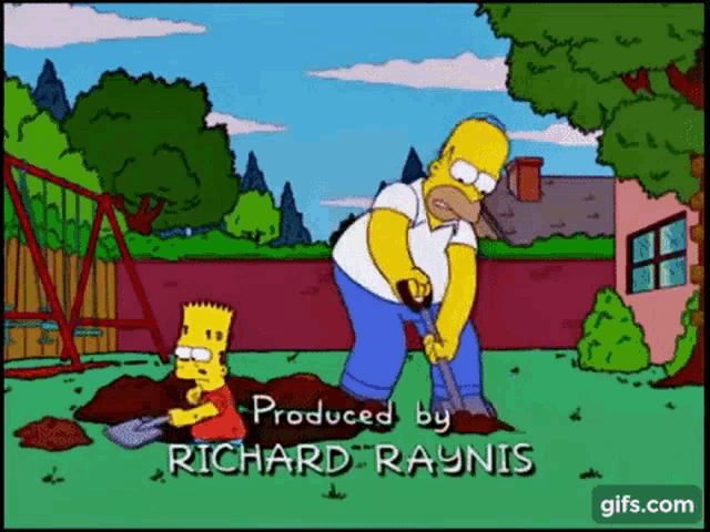a cartoon of homer simpson and bart digging in a yard