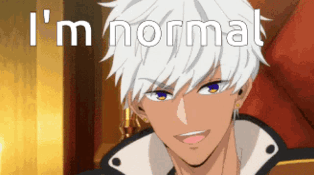 a cartoon character with white hair and blue eyes is smiling and says i 'm normal