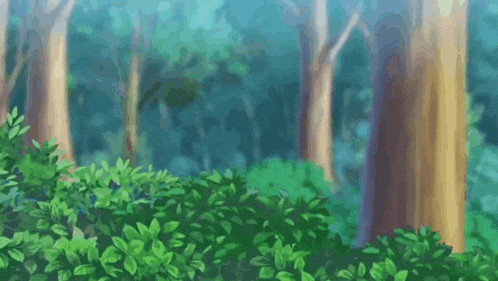 a green and white pokemon is peeking out from behind a bush .