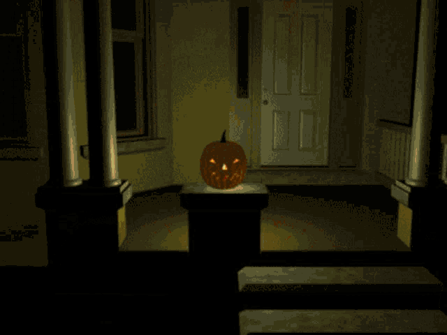 a pumpkin with a face carved into it is sitting on a table
