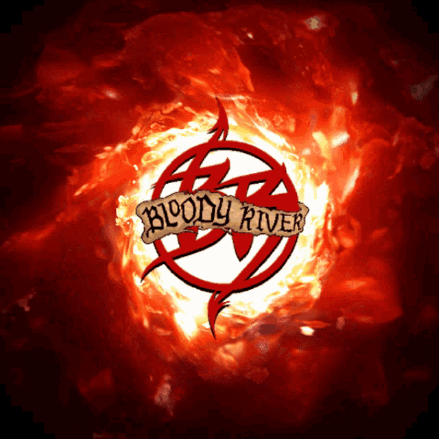 the logo for bloody river is surrounded by fire