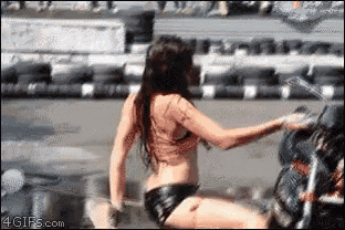 a woman in a bikini is riding a motorcycle with 4gifs.com at the bottom