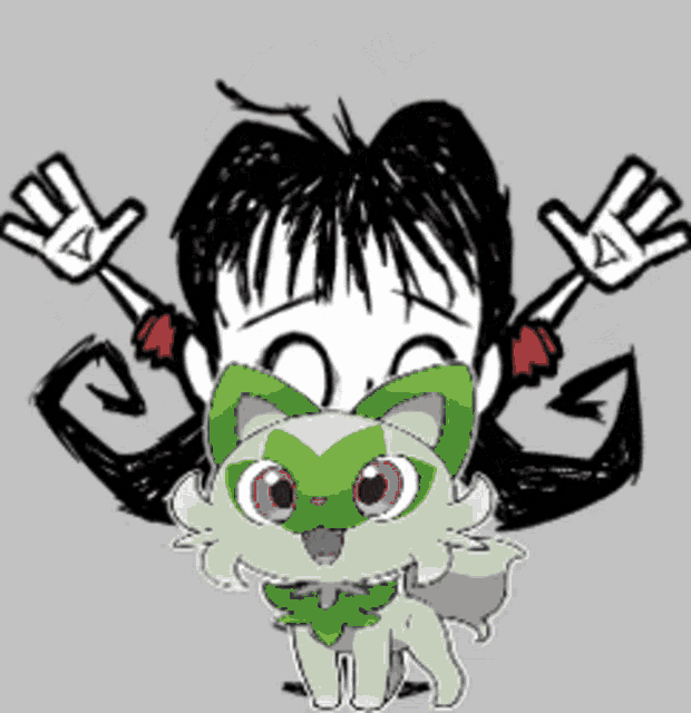 a drawing of a person with a green cat on their head