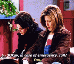 two women are sitting at a table and one of them is saying " okay in case of emergency call you "