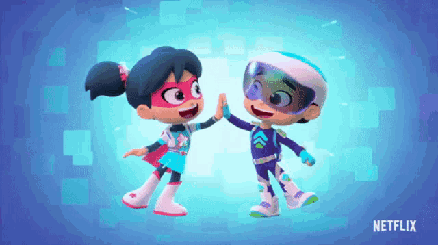 a boy and a girl are giving each other a high five with a netflix logo behind them