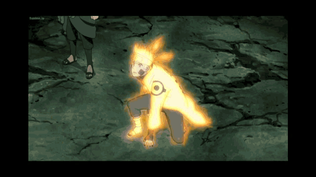 a cartoon of a man kneeling down with a yellow glowing jacket on