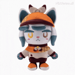 a stuffed cat wearing a hat and holding a sword