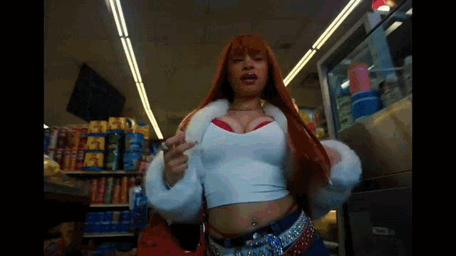 a woman in a white crop top and a fur coat is standing in a store