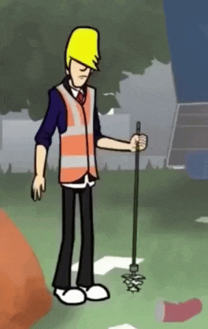a cartoon of a man holding a mop in a park .