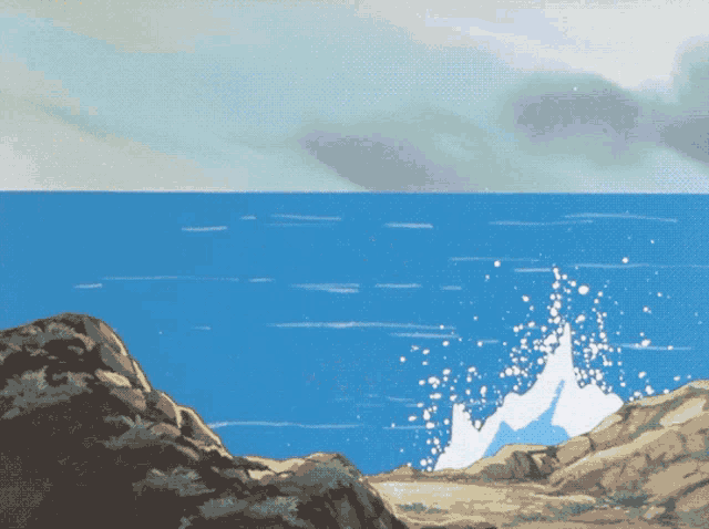 a painting of a rocky shoreline with waves crashing on the rocks