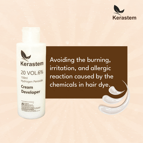 a bottle of kerastem 20 vol 6 % cream developer on a brown background
