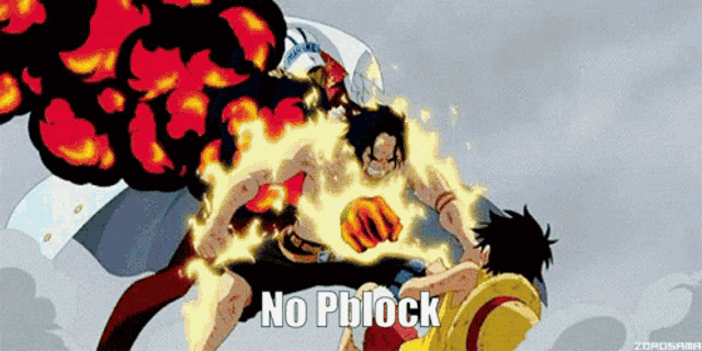 a cartoon of a man with flames coming out of his chest and the words " no pblock " below him