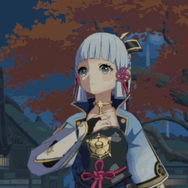 a girl with blue hair and a necklace with the letter o on it